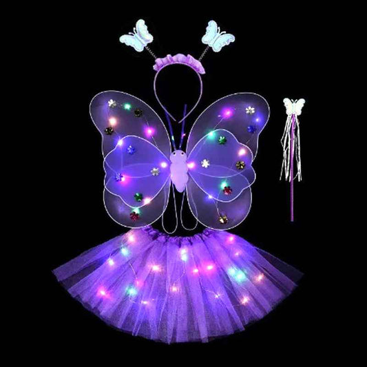 LED Älvset – Tyllkjol, Vingar, Trollspö och Diadem med Ljus