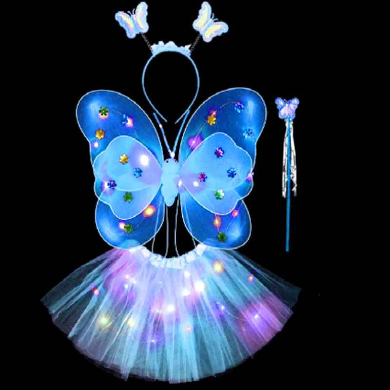 LED Älvset – Tyllkjol, Vingar, Trollspö och Diadem med Ljus