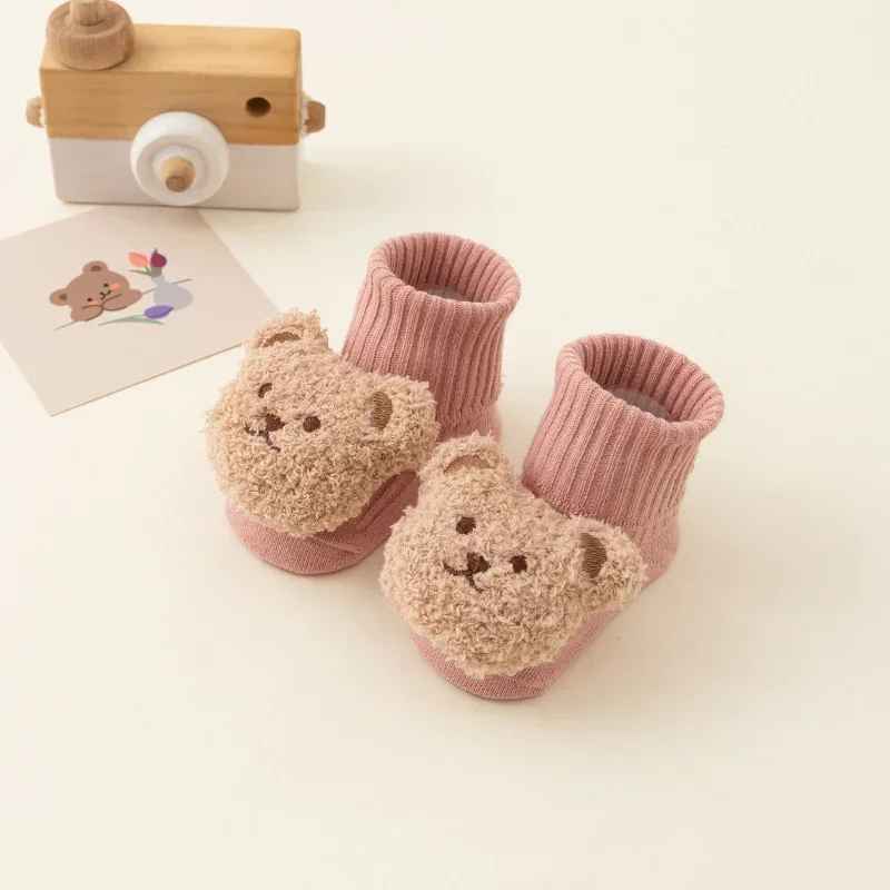 Söta Babystrumpor med Björn – Halkskydd, Tjock Bomull, Unisex (0–3 år)