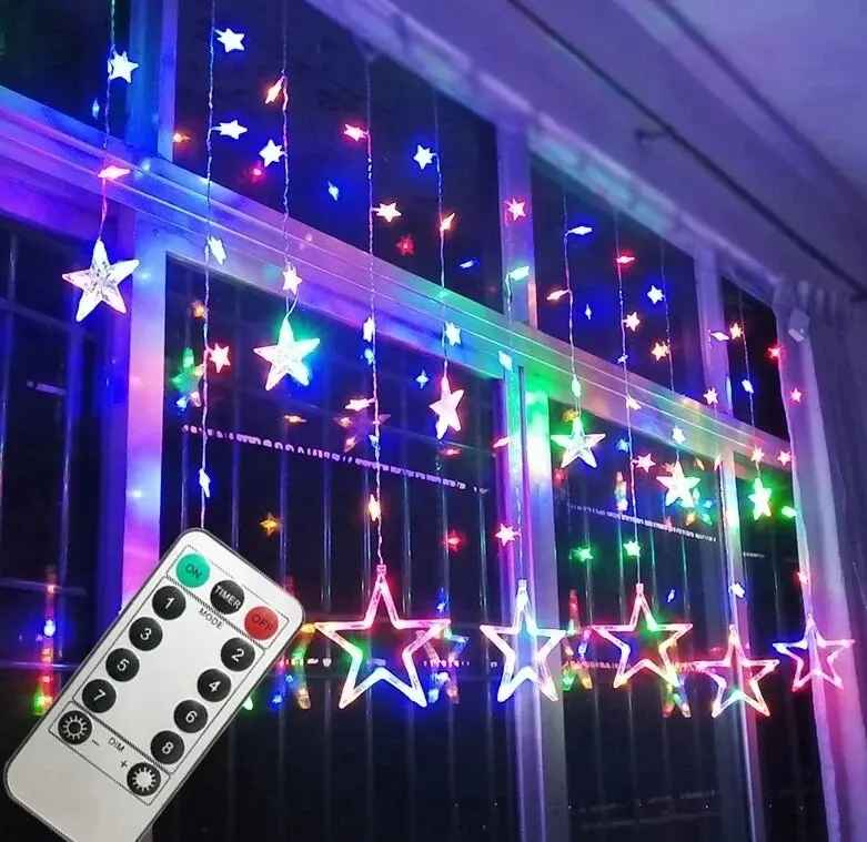 Gardinljusslinga med Stjärnor – 3,5 m, varmvit & flerfärgad