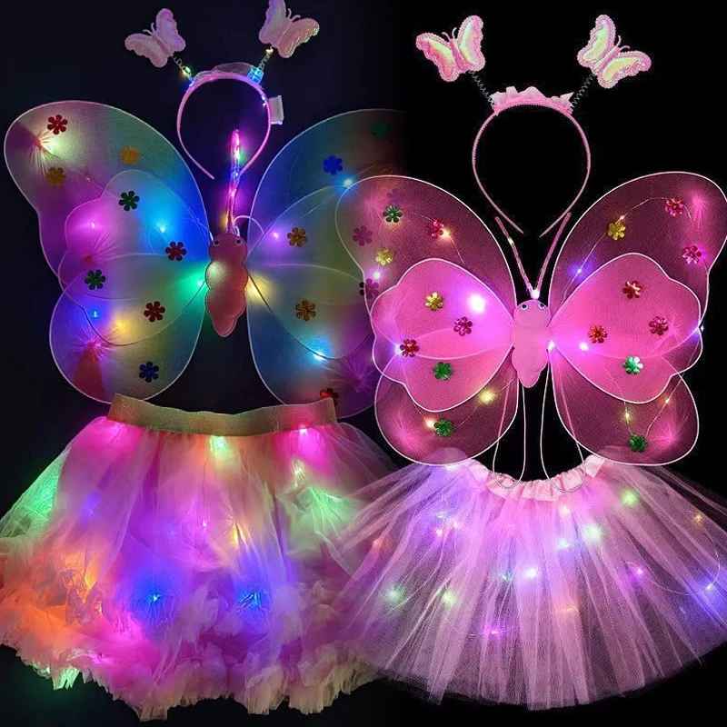 LED Älvset – Tyllkjol, Vingar, Trollspö och Diadem med Ljus