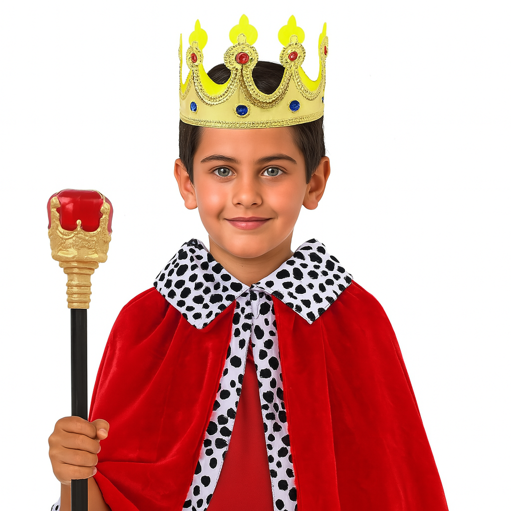 Kungamantel & Krona för Barn – Röd Sammetskappa med Guld- och Hermelinlook