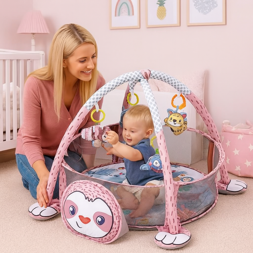 Babygym i mjukt material – lekfull design med djurtema
