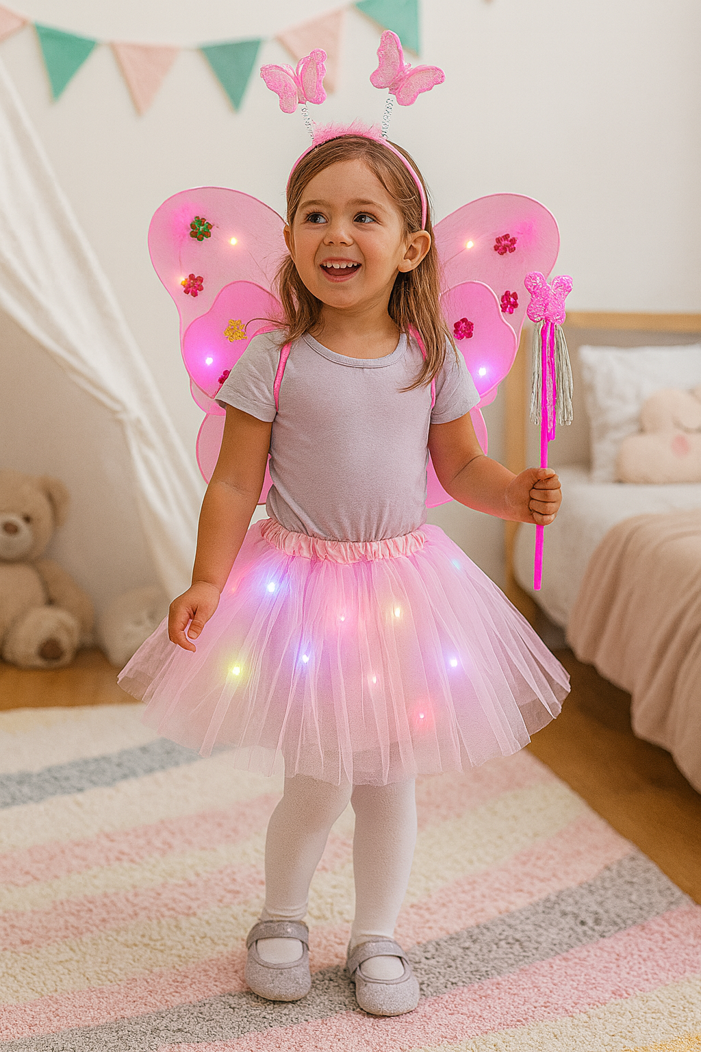 LED Älvset – Tyllkjol, Vingar, Trollspö och Diadem med Ljus