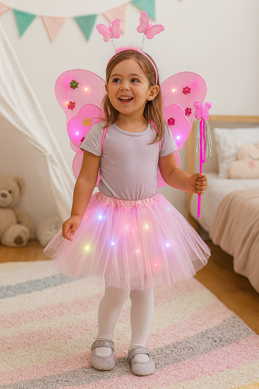 LED Älvset – Tyllkjol, Vingar, Trollspö och Diadem med Ljus