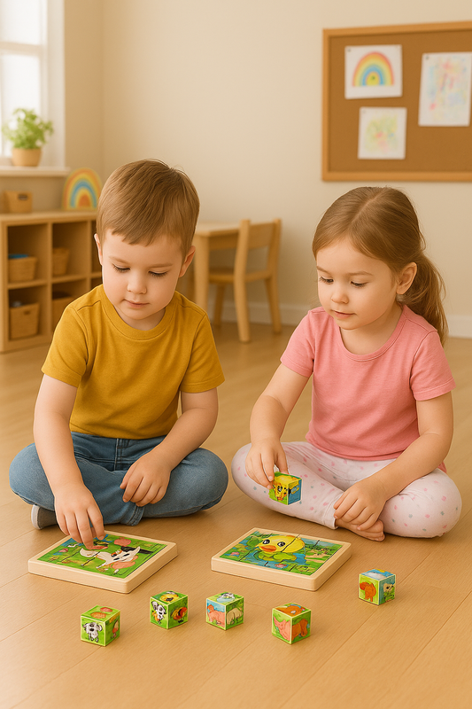 3D Träpussel för Barn – 6-i-1 Pussel med 9 Klossar