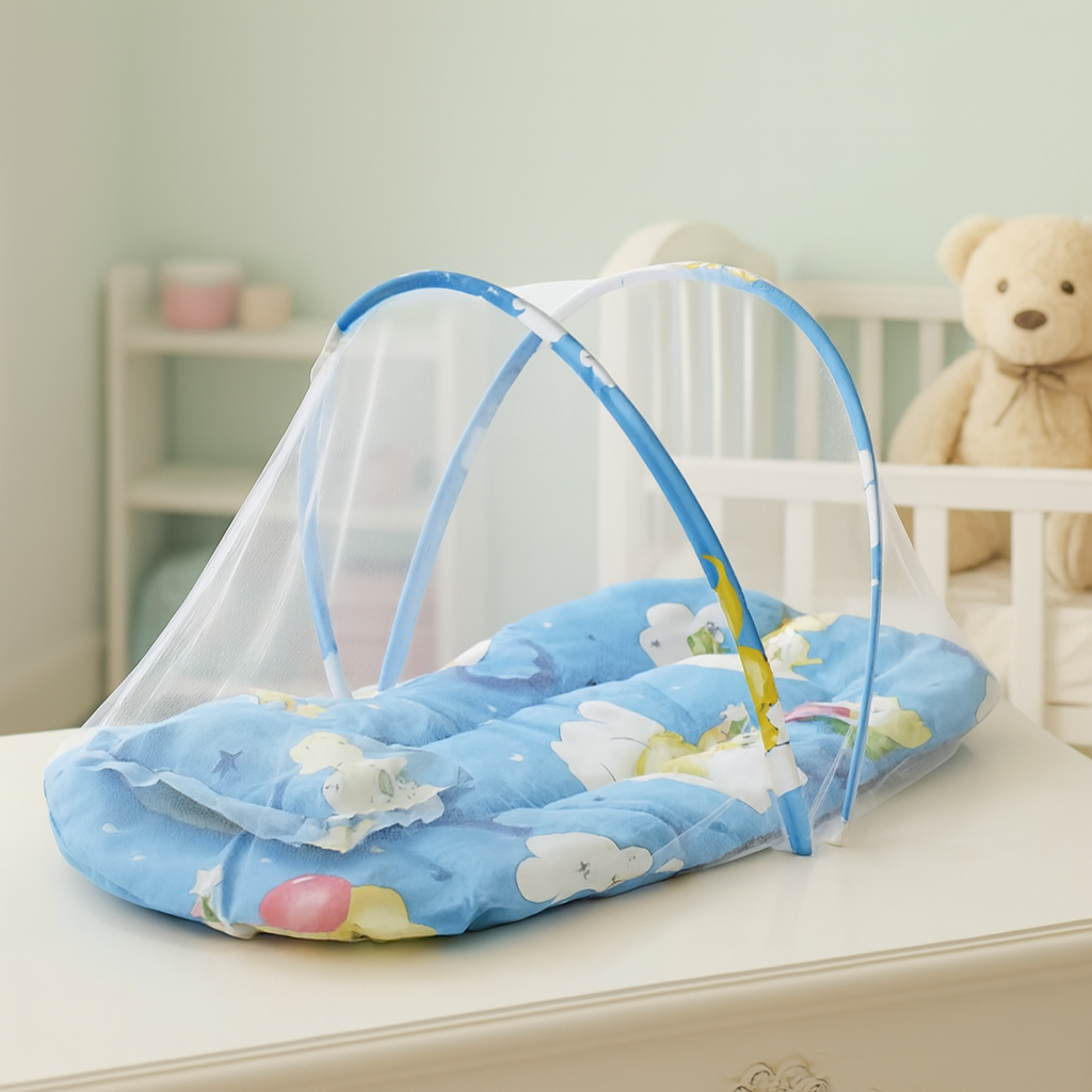 Hopfällbar Babybädd med Myggnät | Portabel Babysäng med Vaddering | Polyester och Bomull