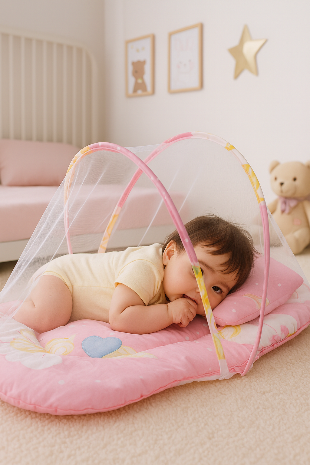 Hopfällbar Babybädd med Myggnät | Portabel Babysäng med Vaddering | Polyester och Bomull