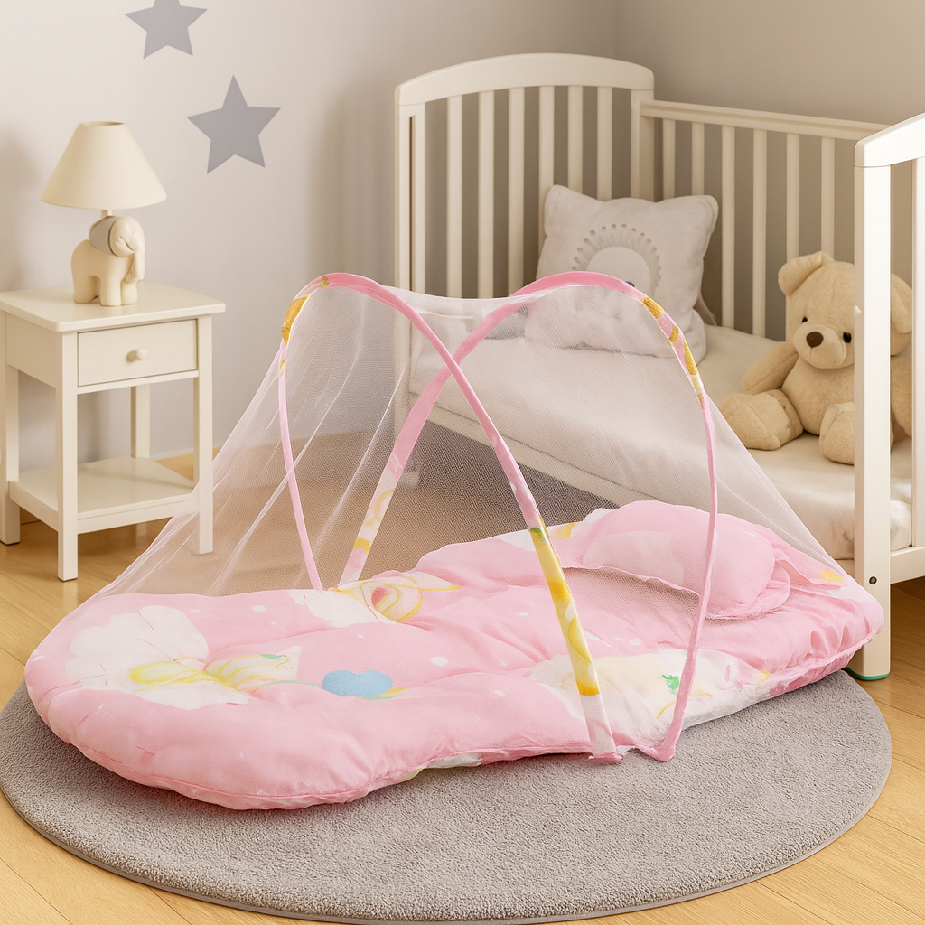Hopfällbar Babybädd med Myggnät | Portabel Babysäng med Vaddering | Polyester och Bomull
