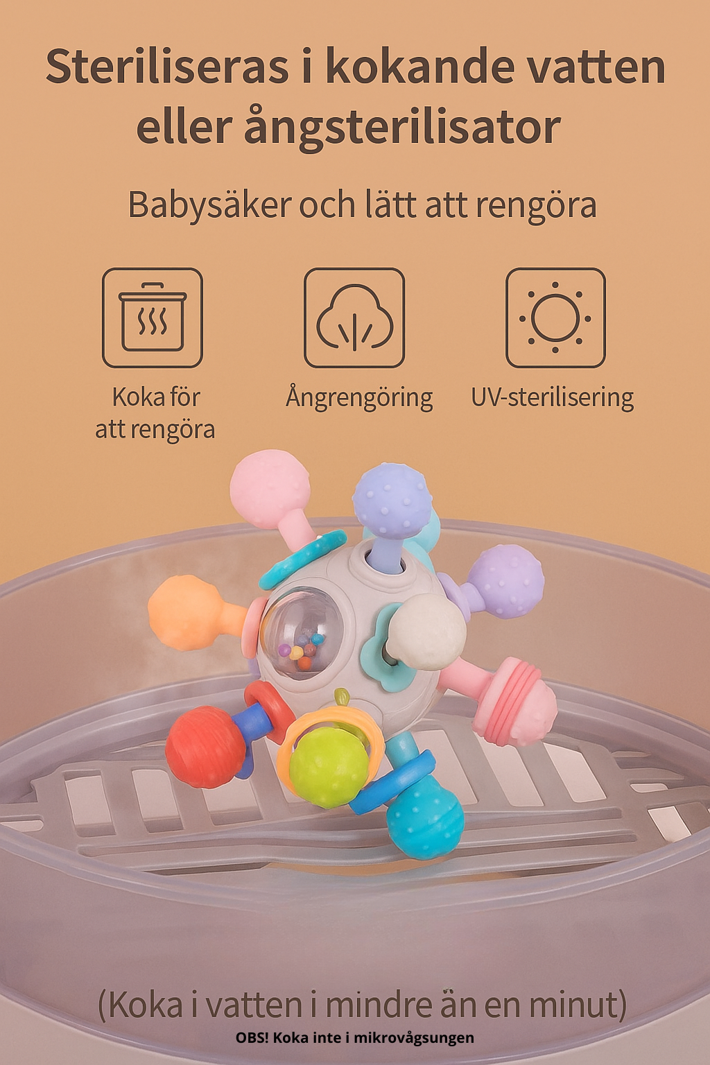 Montessori Bitring & Skallra – Sensorisk Lekboll för Bebisar 0–18 Månader