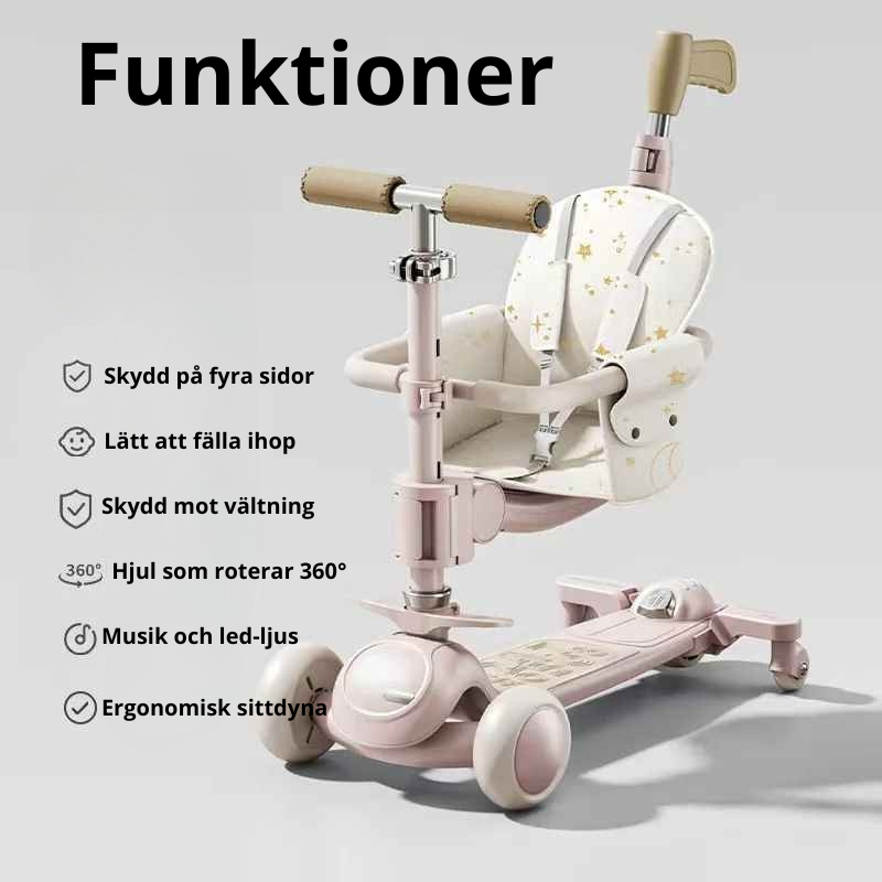 5-i-1 Barnscooter & Gåvagn Deluxe – Fällbar Trehjuling och Walker för Barn 1–7 år