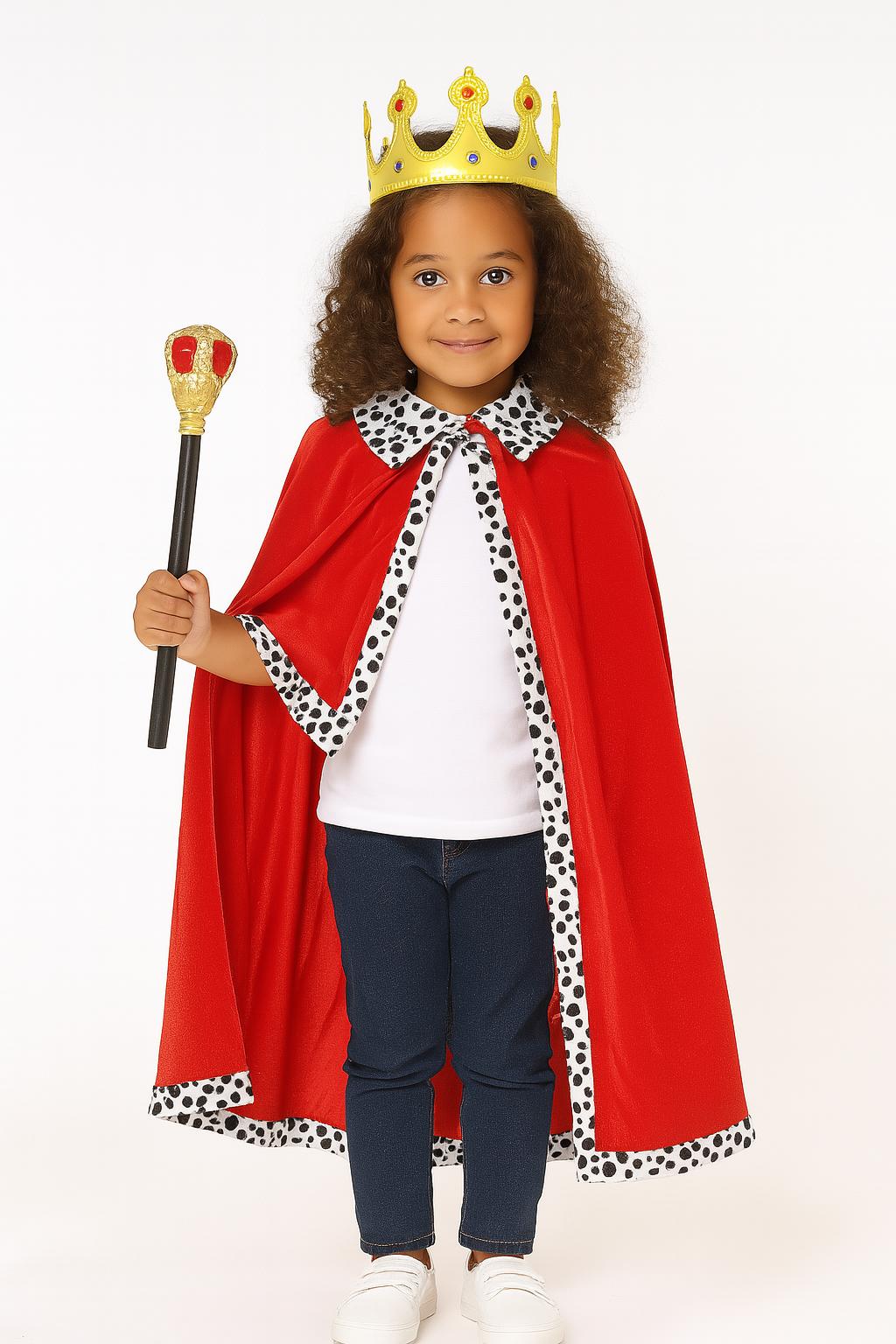 Kungamantel & Krona för Barn – Röd Sammetskappa med Guld- och Hermelinlook